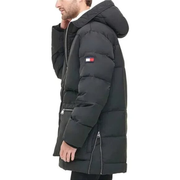 Tommy Hilfiger Hooded Heavyweight Parka Jacket Coat Mens Black Sherpa Hood Small - Picture 2 of 7